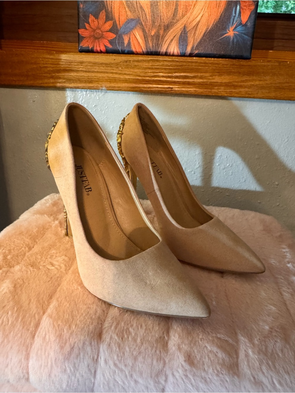 JustFab blush Pointed-Toe Stiletto Pumps with Gold Embellished Heel